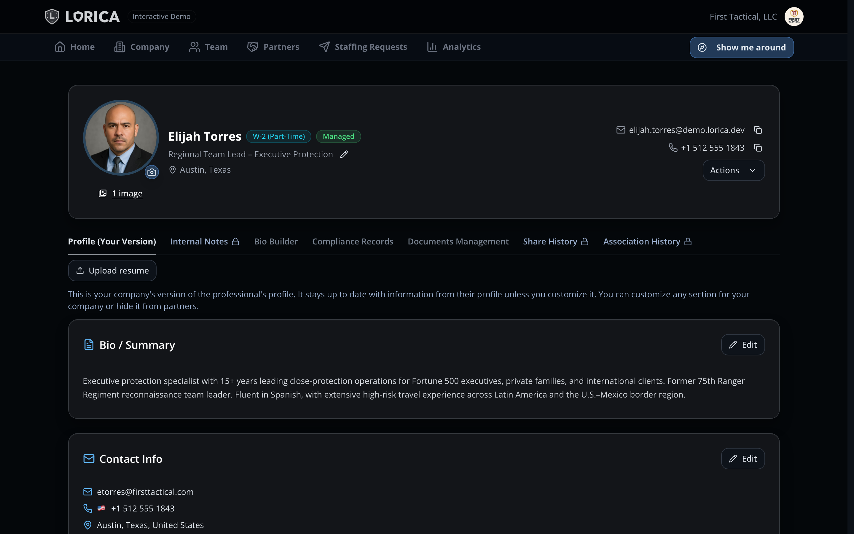 Lorica professional detail view with bio builder, compliance, and credentials